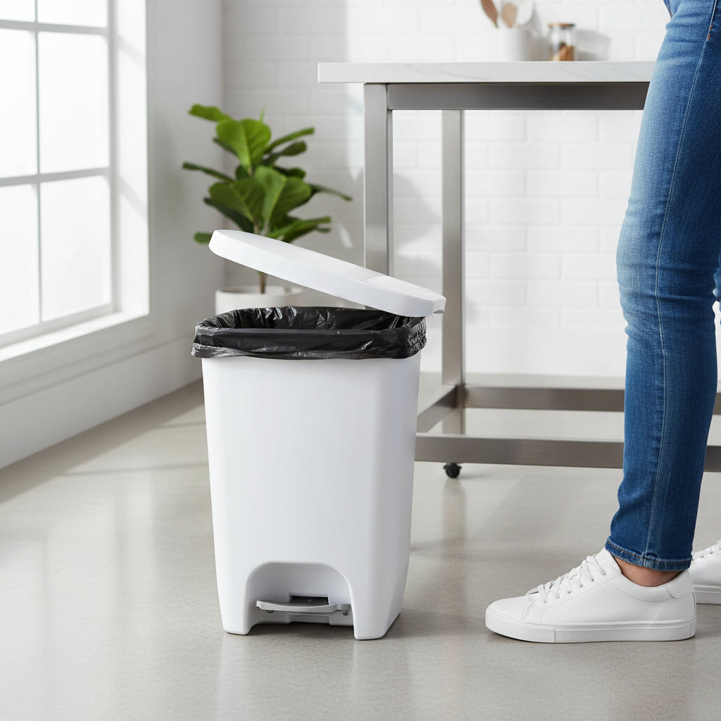 Hvid 13-gallon skraldespand med fodpedal og lugtbeskyttelse