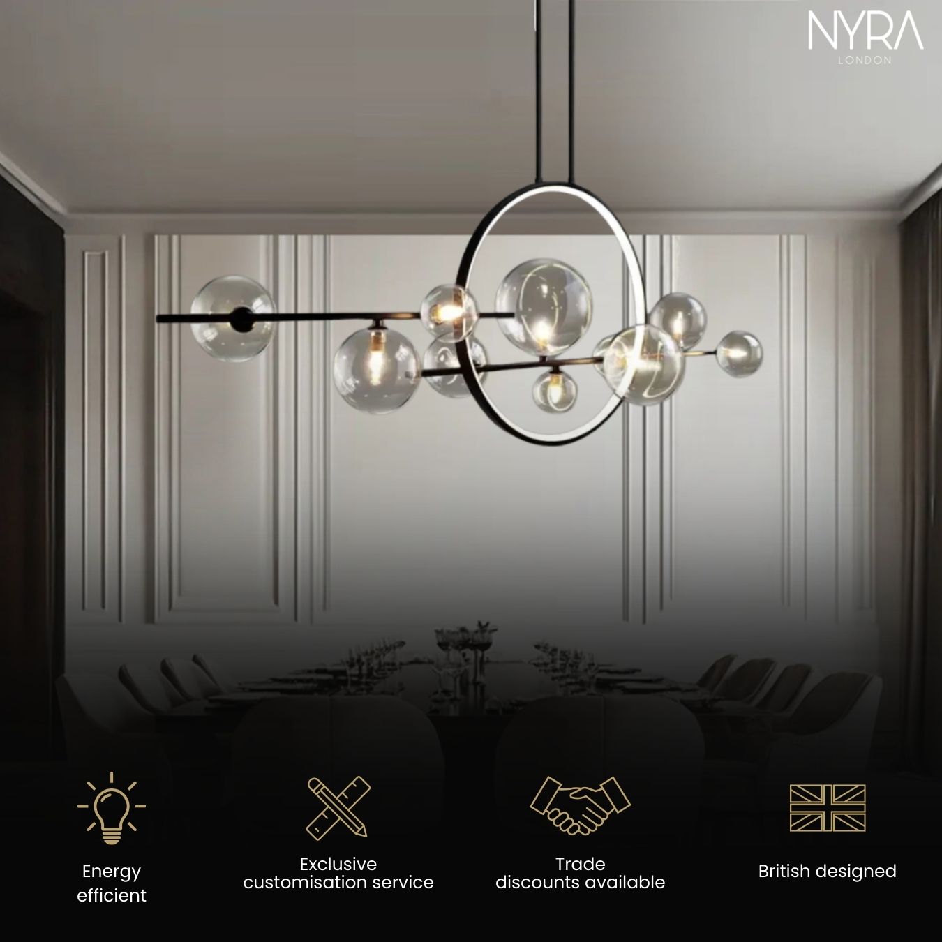 Aurelia glasljuskrona från LumeCraft med aluminiumram och handblåst glas