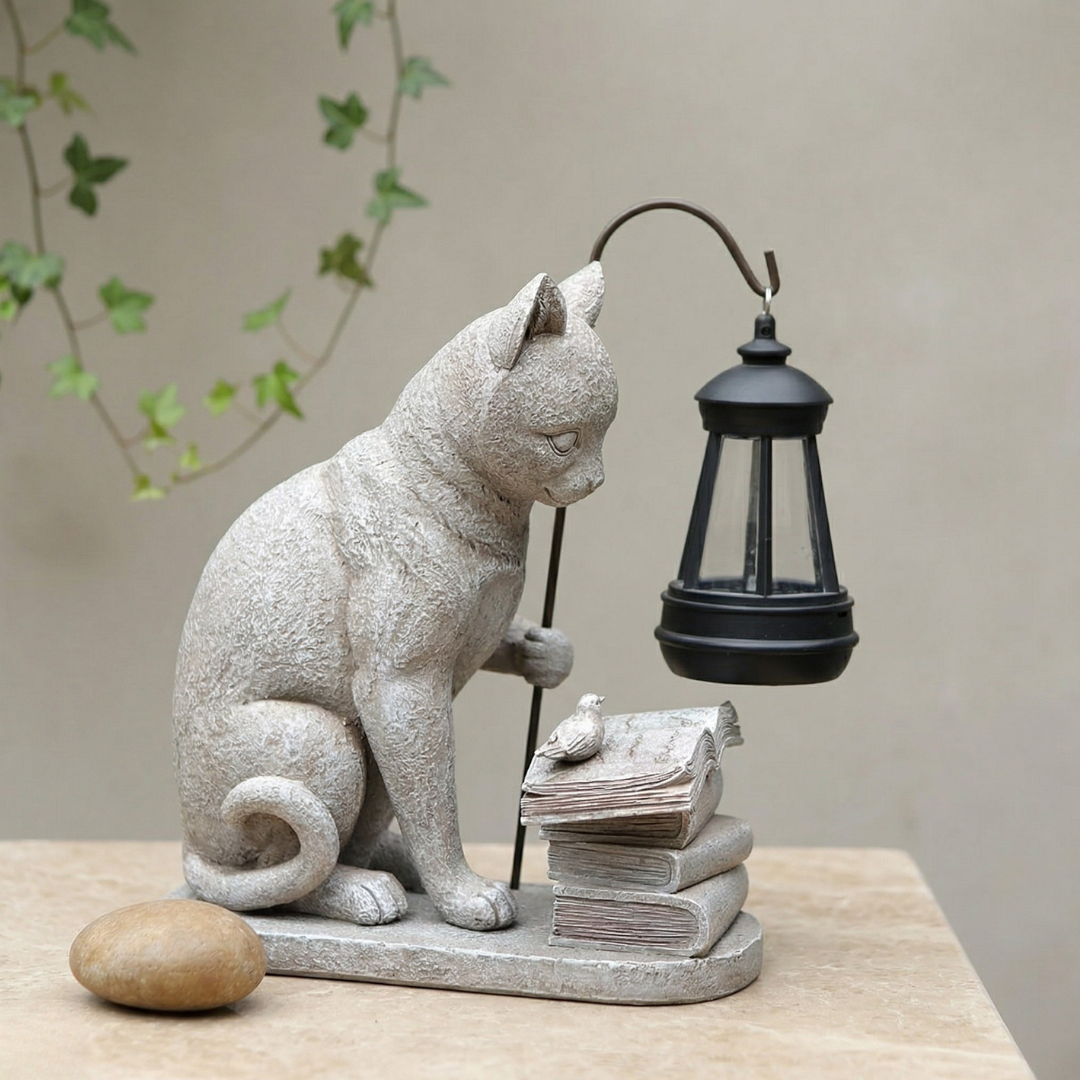 Ogródowa figura kota z lampą solarną do oświetlenia zewnętrznego | Rosalyssa