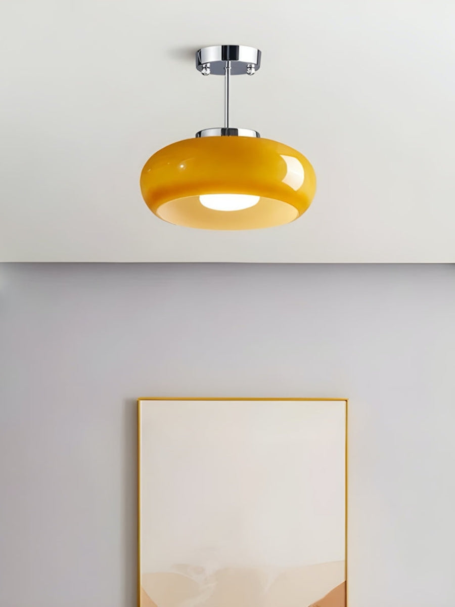 Plafonnier disque en verre style Bauhaus en laiton ou finition chrome, verre orange-jaune ou blanc
