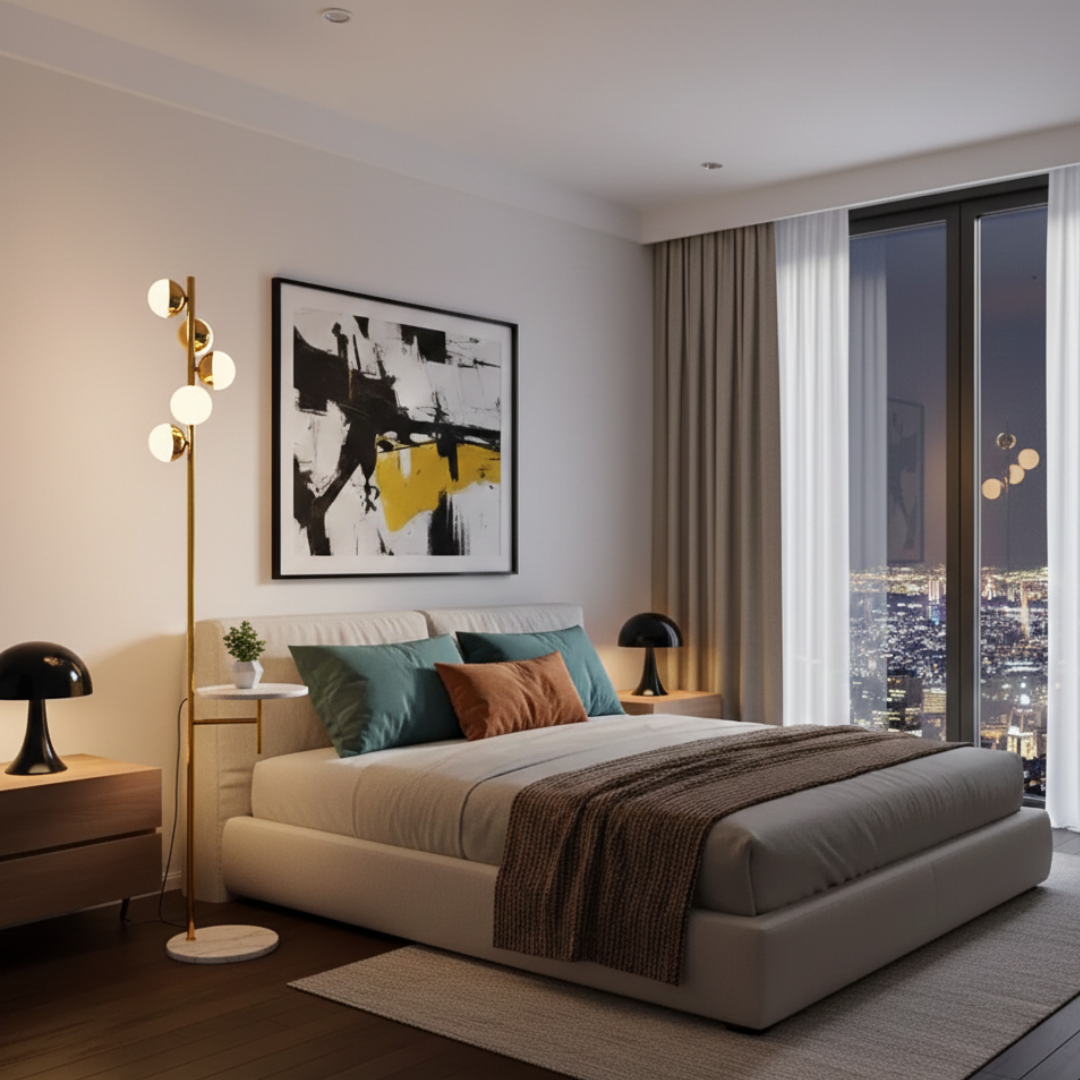 Lampadaire moderne avec table intégrée pour salon | Rosalyssa