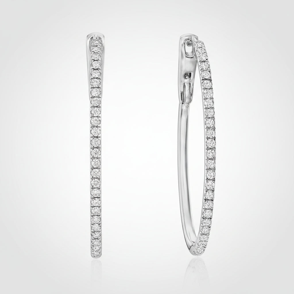 Sterling Silver Diamond Hoop Earrings In Oval Shape