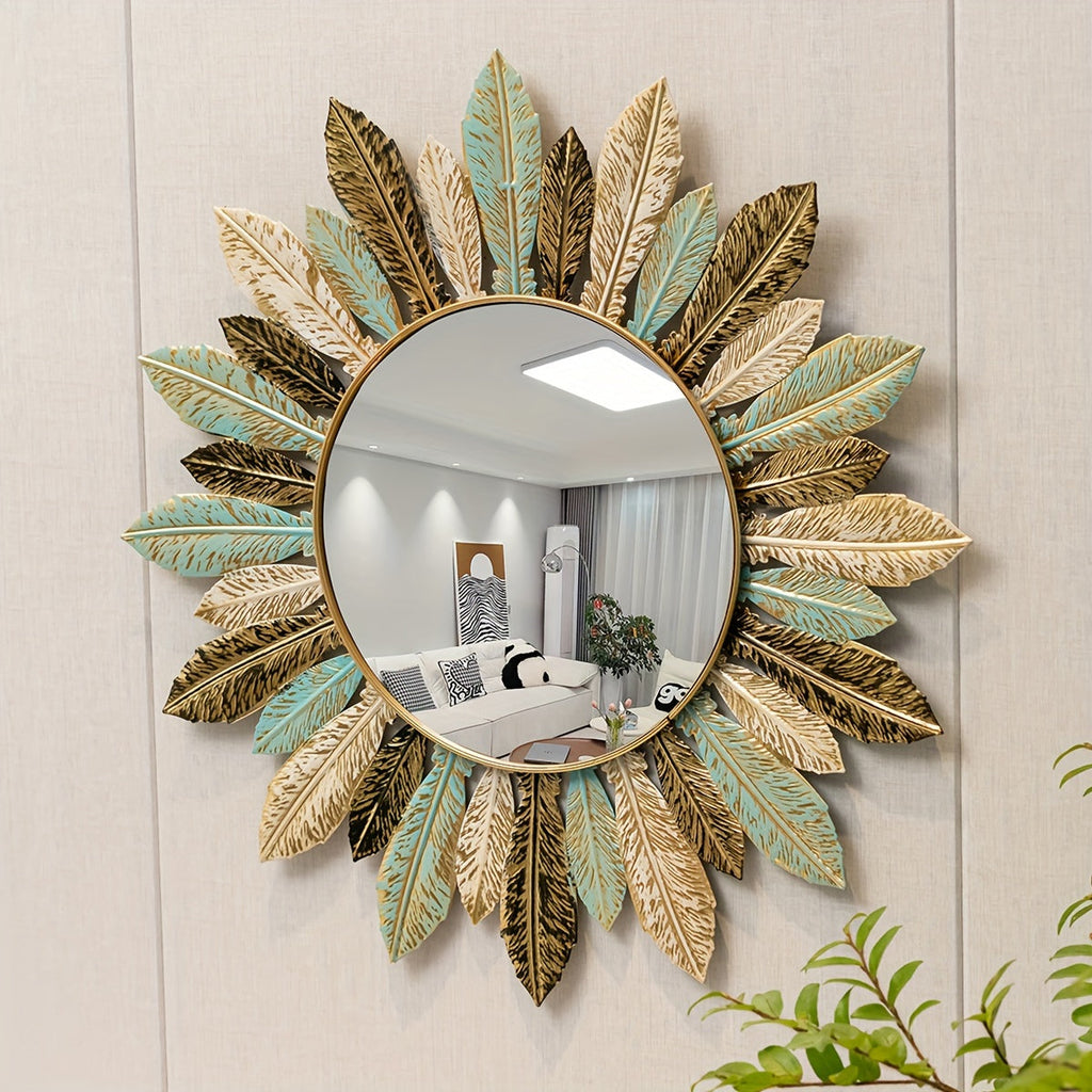 Espelho de Parede Boémio Sunburst com Folhas Verde-azul e Douradas