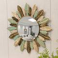 Espelho de Parede Boémio Sunburst com Folhas Verde-azul e Douradas