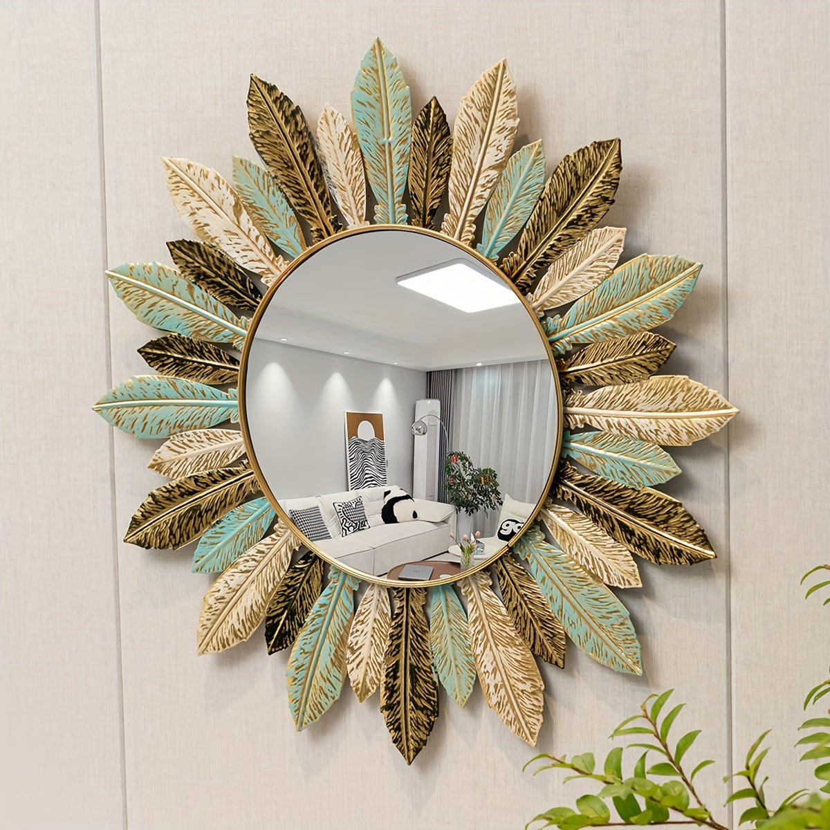 Espelho de Parede Boémio Sunburst com Folhas Verde-azul e Douradas