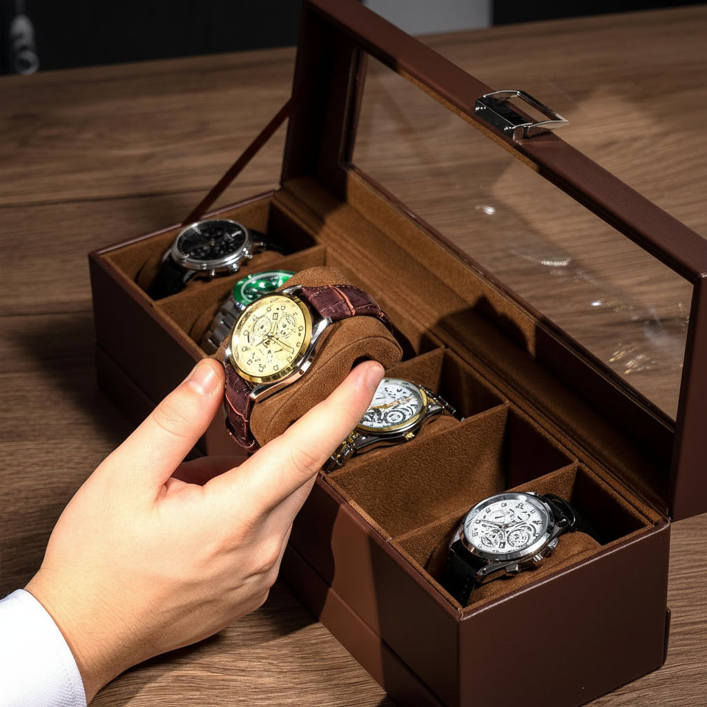 Scatola portaorologi a due livelli con cassetto, 6 scomparti, coperchio in vetro