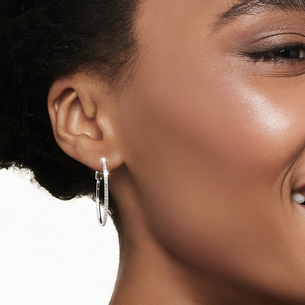 Sterling Silver Diamond Hoop Earrings In Oval Shape