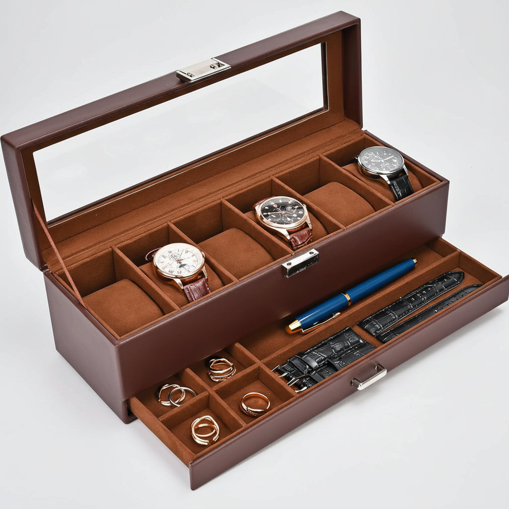 Scatola portaorologi a due livelli con cassetto, 6 scomparti, coperchio in vetro
