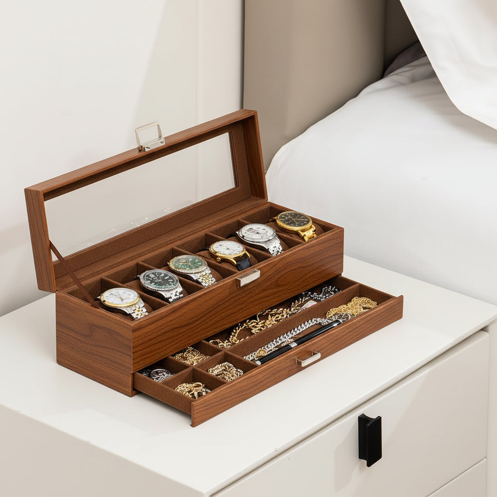 Scatola portaorologi a due livelli con cassetto, 6 scomparti, coperchio in vetro