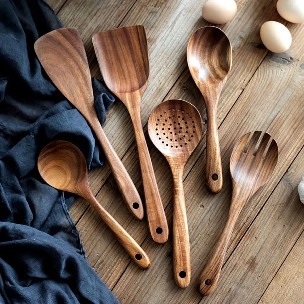 Teak Kitchen Utensil Set For Elegant Cooking In Modern Kitchen