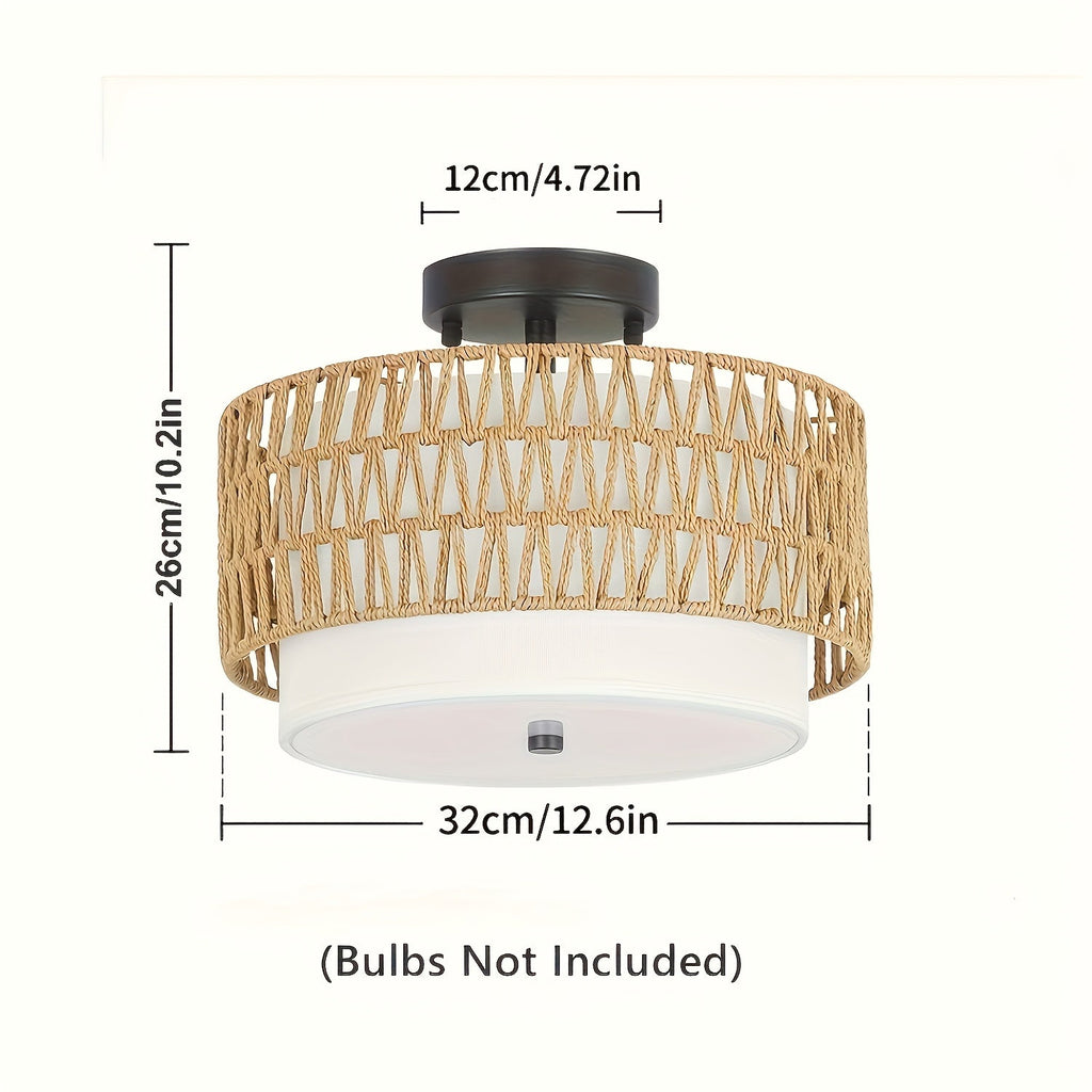 Luminária de Teto Boho em Rattan com Abajur de Linho, Montagem Semi-Embutida