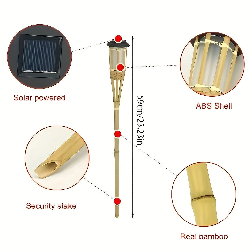 2-pack solarnych lamp bambusowych z płomieniem i 12 diodami LED, latarnie ogrodowe na zewnątrz