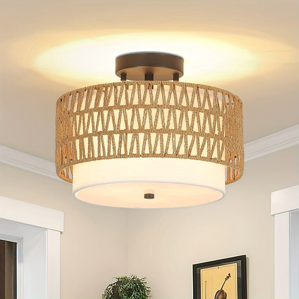 Luminária de Teto Boho em Rattan com Abajur de Linho, Montagem Semi-Embutida