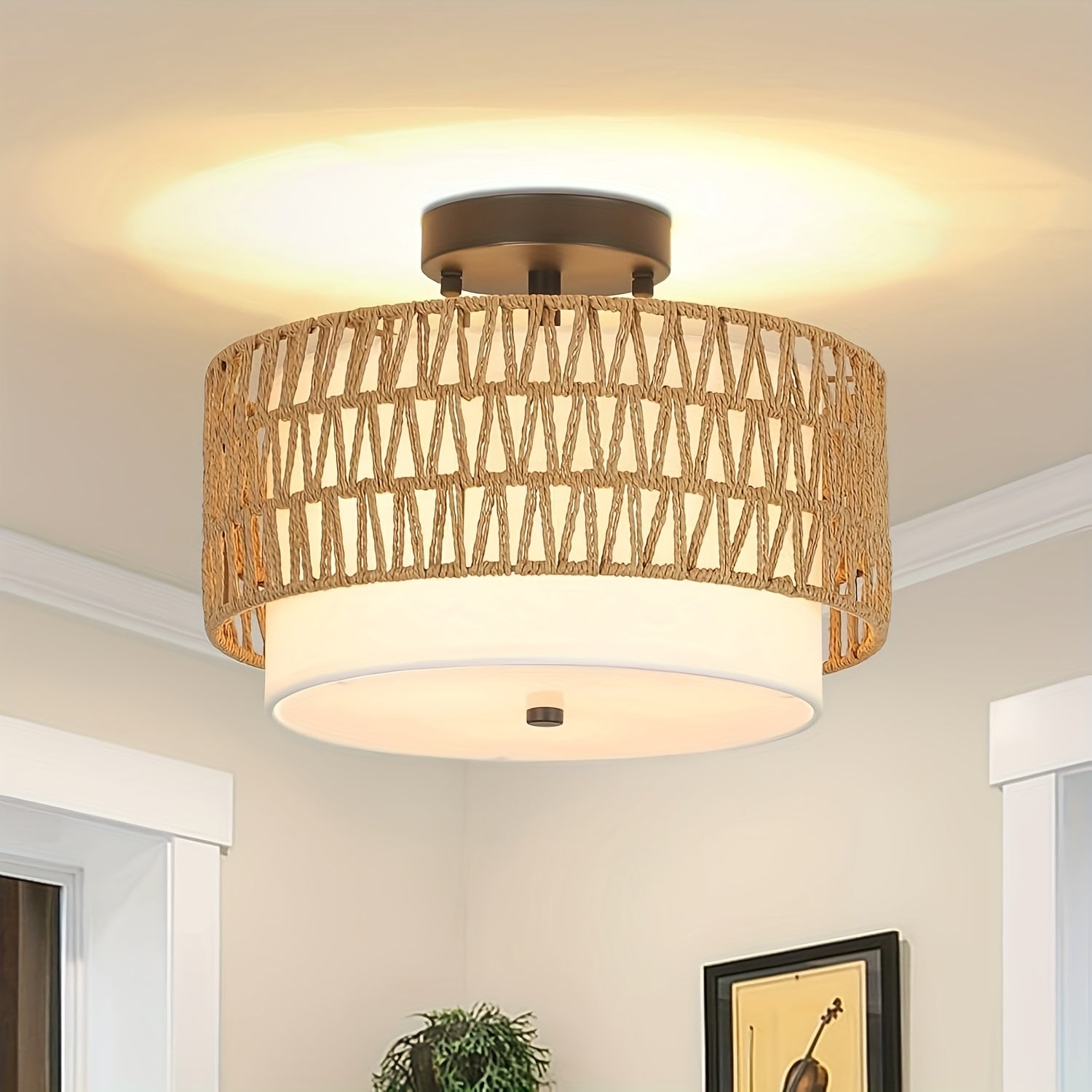 Luminária de Teto Boho em Rattan com Abajur de Linho, Montagem Semi-Embutida