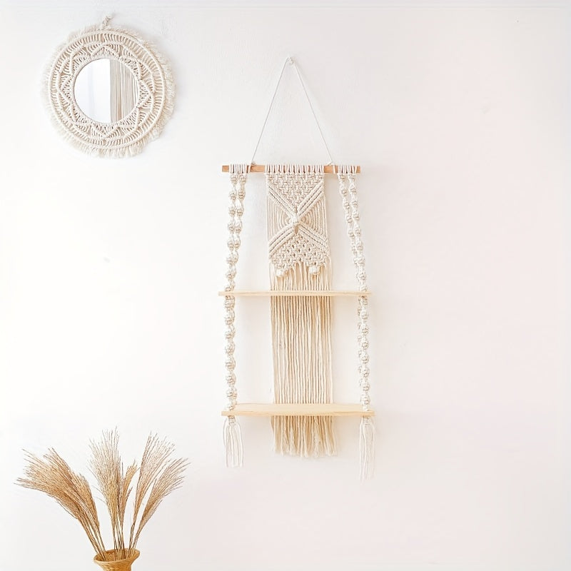 Prateleira de Parede Boho em Macramé com Estante de Armazenamento de Dois Níveis