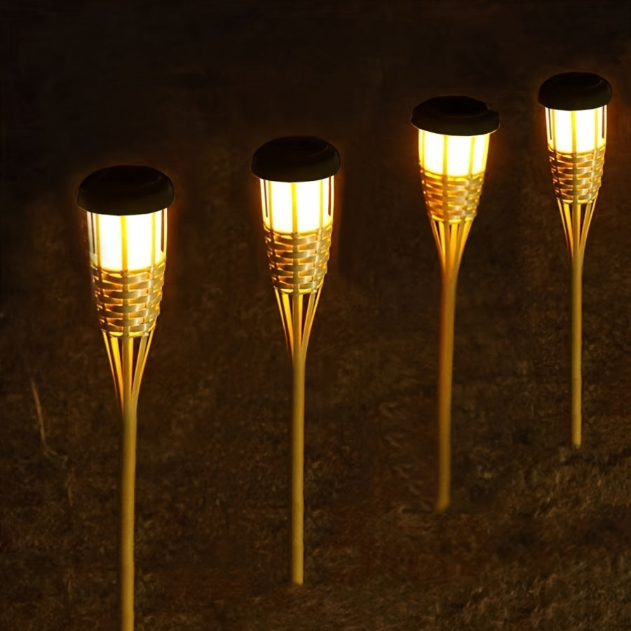2-pack solarnych lamp bambusowych z płomieniem i 12 diodami LED, latarnie ogrodowe na zewnątrz