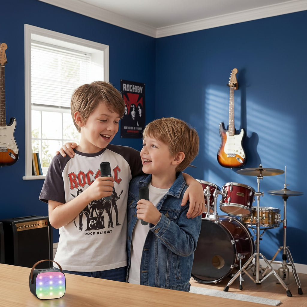 Karaoke-System mit Bluetooth, tragbarem Lautsprecher und kabellosen Mikrofonen