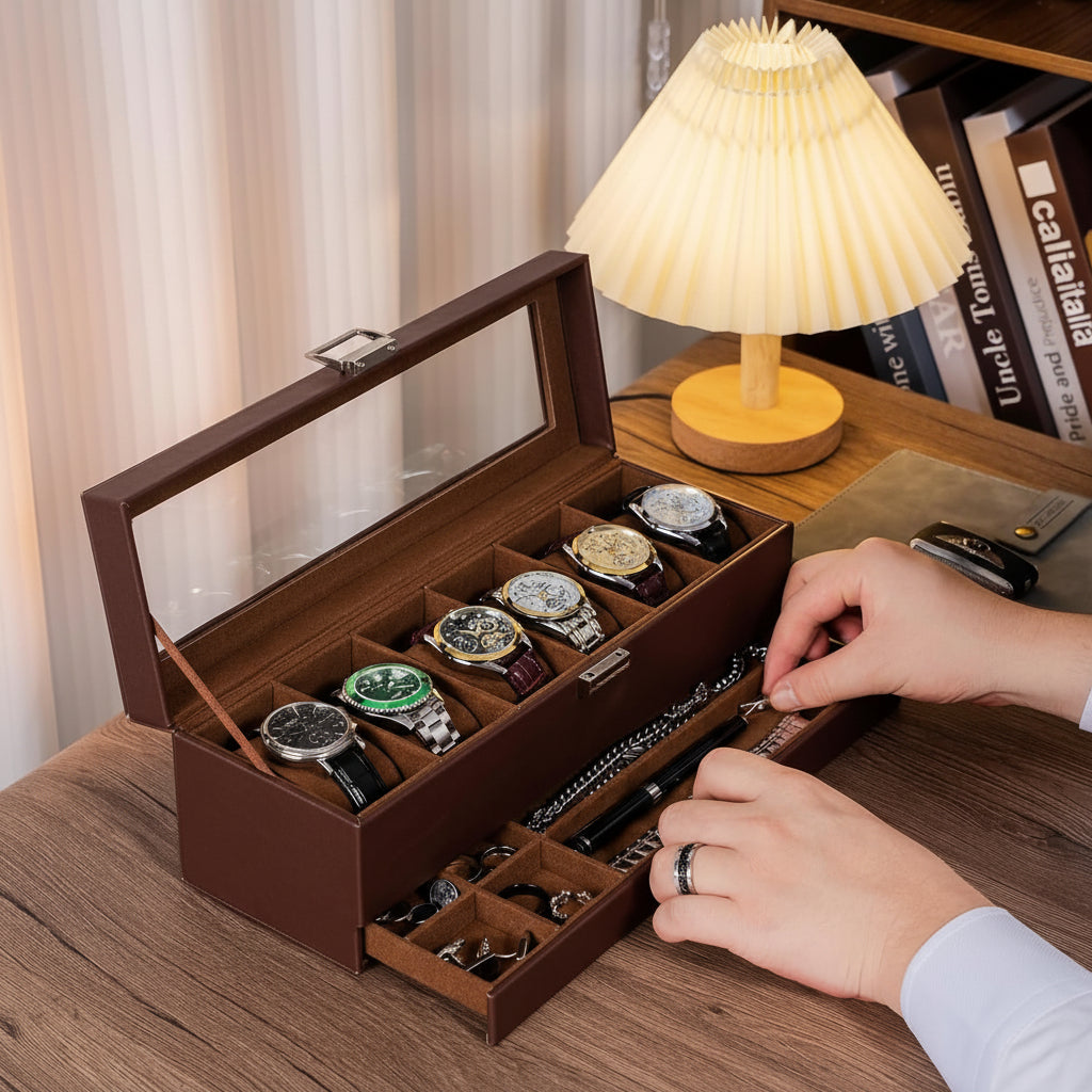 Scatola portaorologi a due livelli con cassetto, 6 scomparti, coperchio in vetro