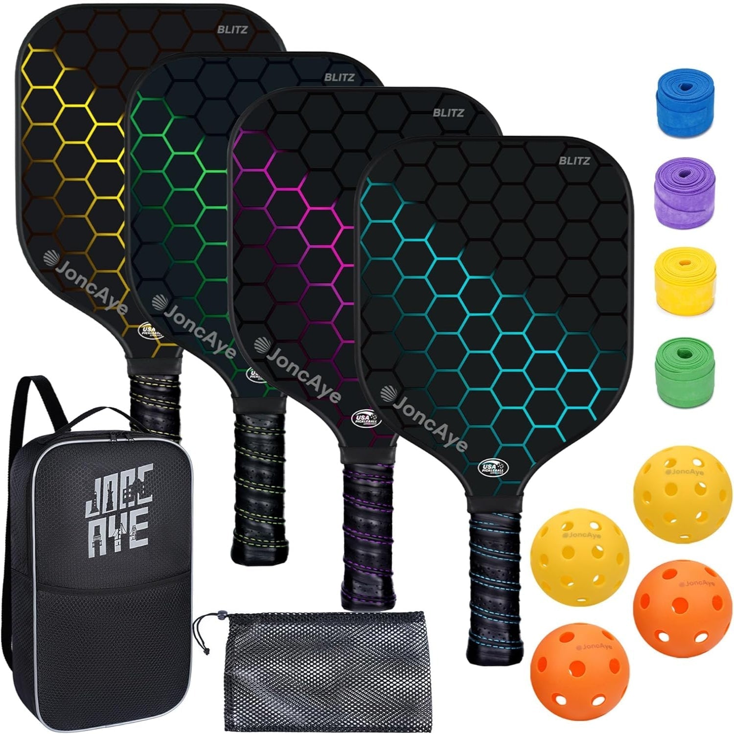 Glassfiber Pickleball-set med lette padler, baller og bæreveske