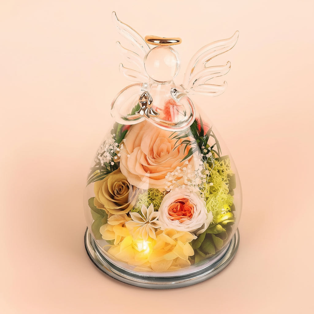Muttertags-Rosenengel in Glaskuppel mit LED-Lichtern konserviert