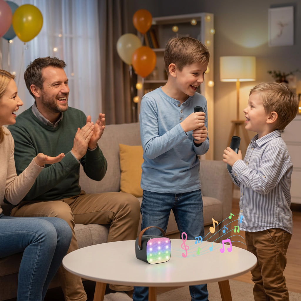 Karaoke-System mit Bluetooth, tragbarem Lautsprecher und kabellosen Mikrofonen