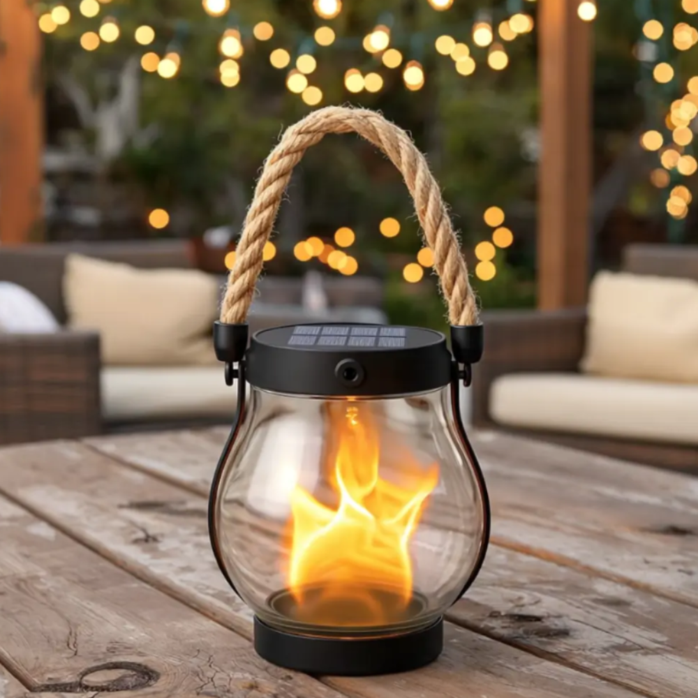 Solar Lantern With Flame Effect For Outdoor Garden Lighting