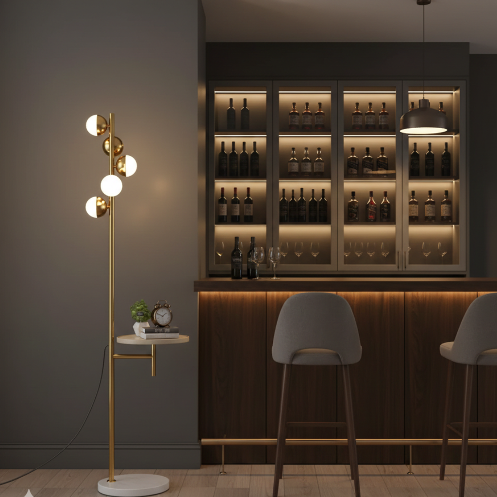 Lampadaire moderne avec table intégrée pour salon | Rosalyssa