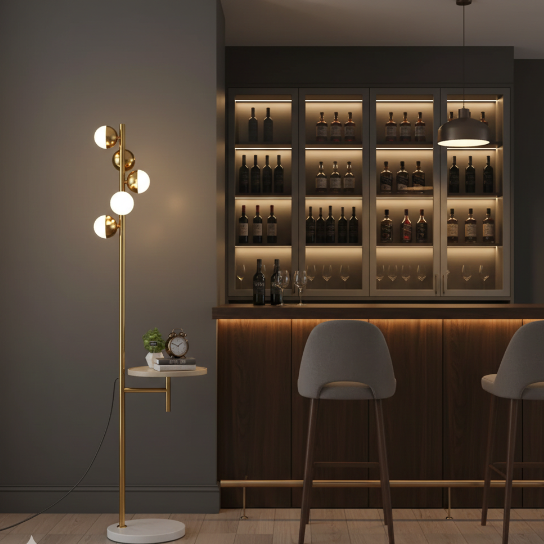 Lampadaire moderne avec table intégrée pour salon | Rosalyssa