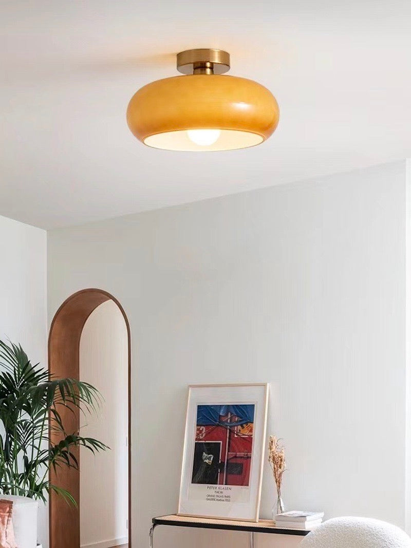 Plafonnier disque en verre style Bauhaus en laiton ou finition chrome, verre orange-jaune ou blanc