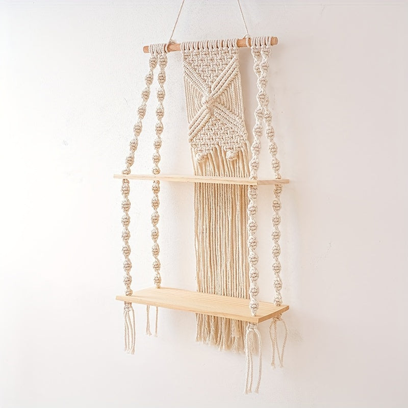 Prateleira de Parede Boho em Macramé com Estante de Armazenamento de Dois Níveis