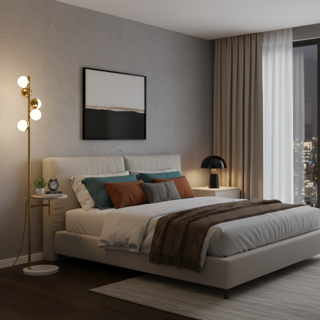 Lampadaire moderne avec table intégrée pour salon | Rosalyssa