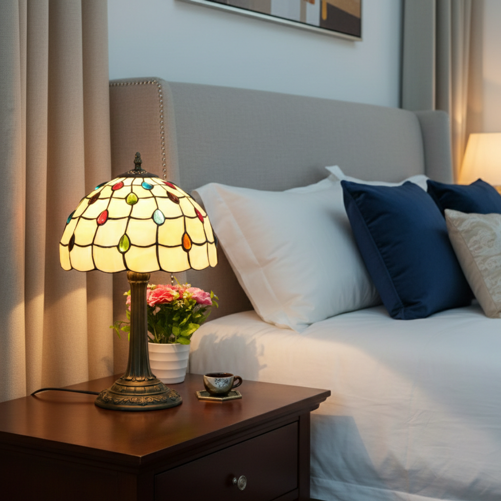 Vintage bordlampe med farvet glas til elegant belysning i hjemmet | Rosalyssa