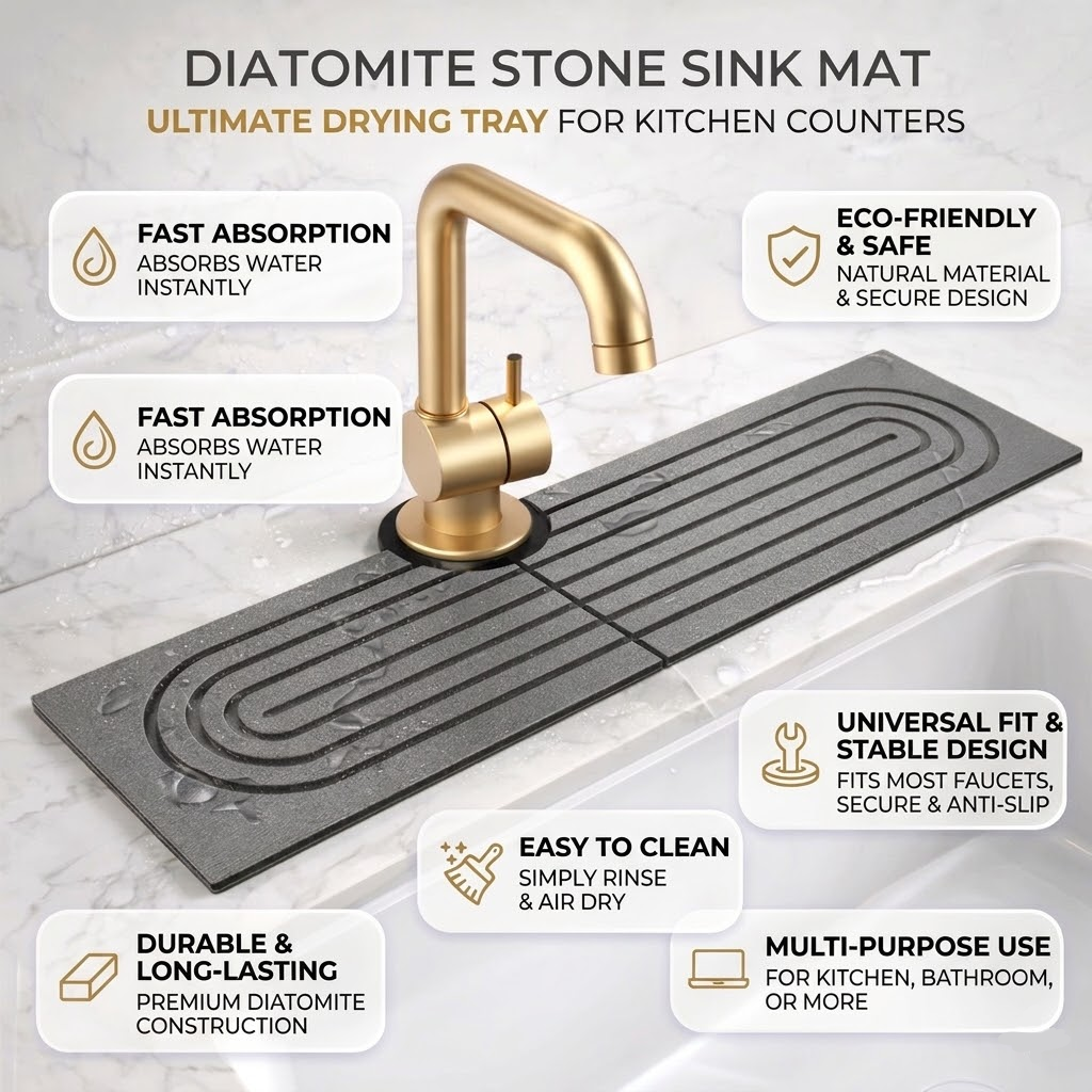 Diatomite Stone Sink Mat With Faucet Drying Tray For Kitchen Counter