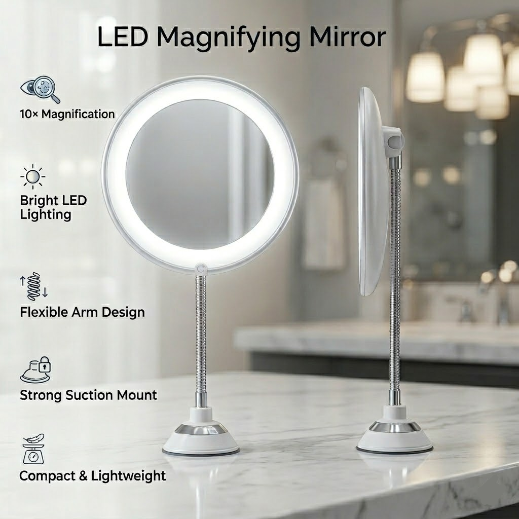 LED-Vergrößerungsspiegel fürs Badezimmer mit flexiblem Arm zum Pflegen