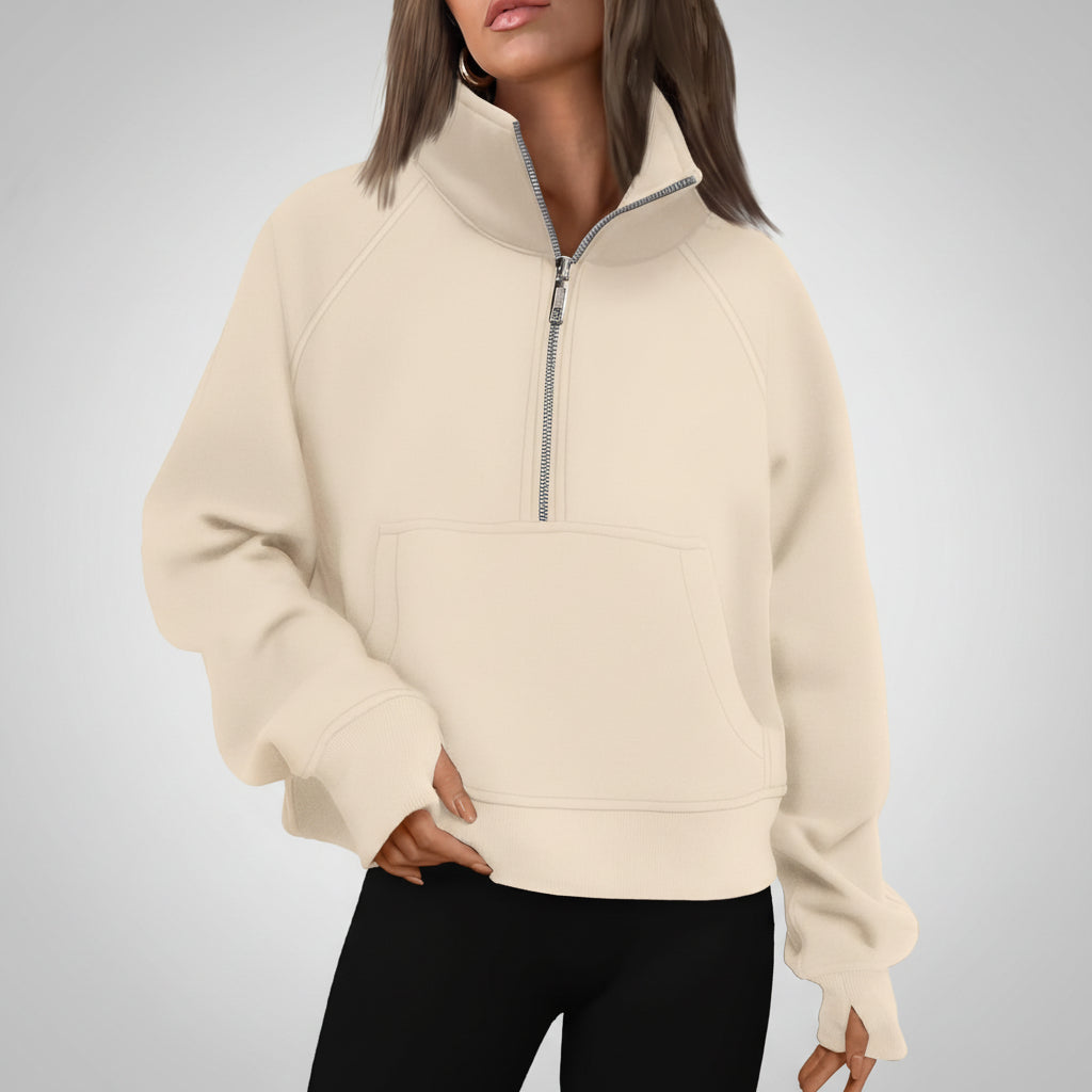 Dame Cropped Fleece Sweatshirt med Halv Lynlås til Hverdagsvarme