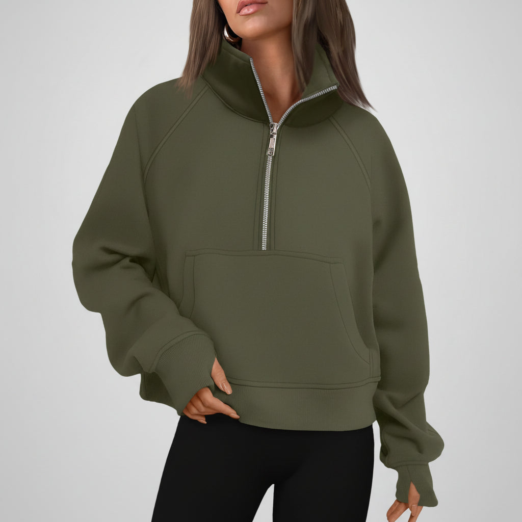 Dame Cropped Fleece Sweatshirt med Halv Lynlås til Hverdagsvarme