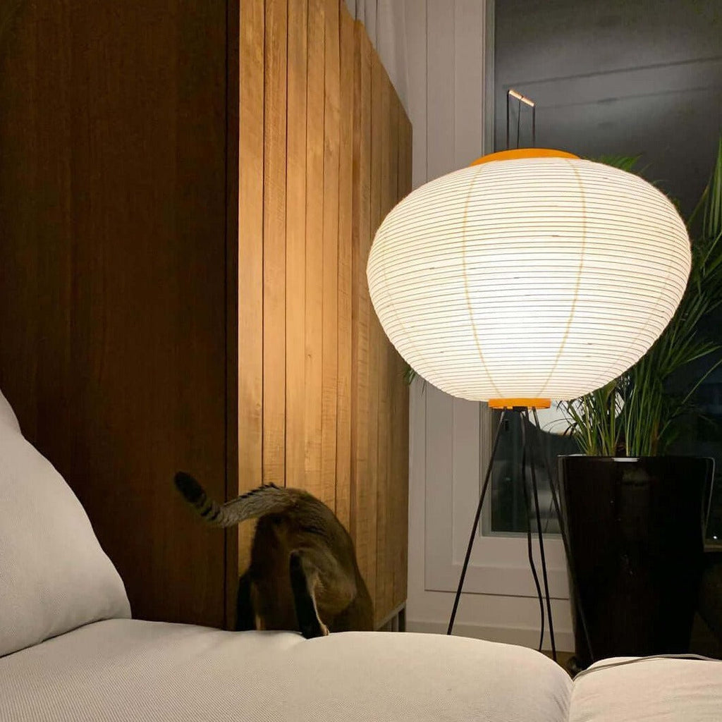 Stojací lampa AstraLume s rýžovým papírovým stínidlem a minimalistickým teplem