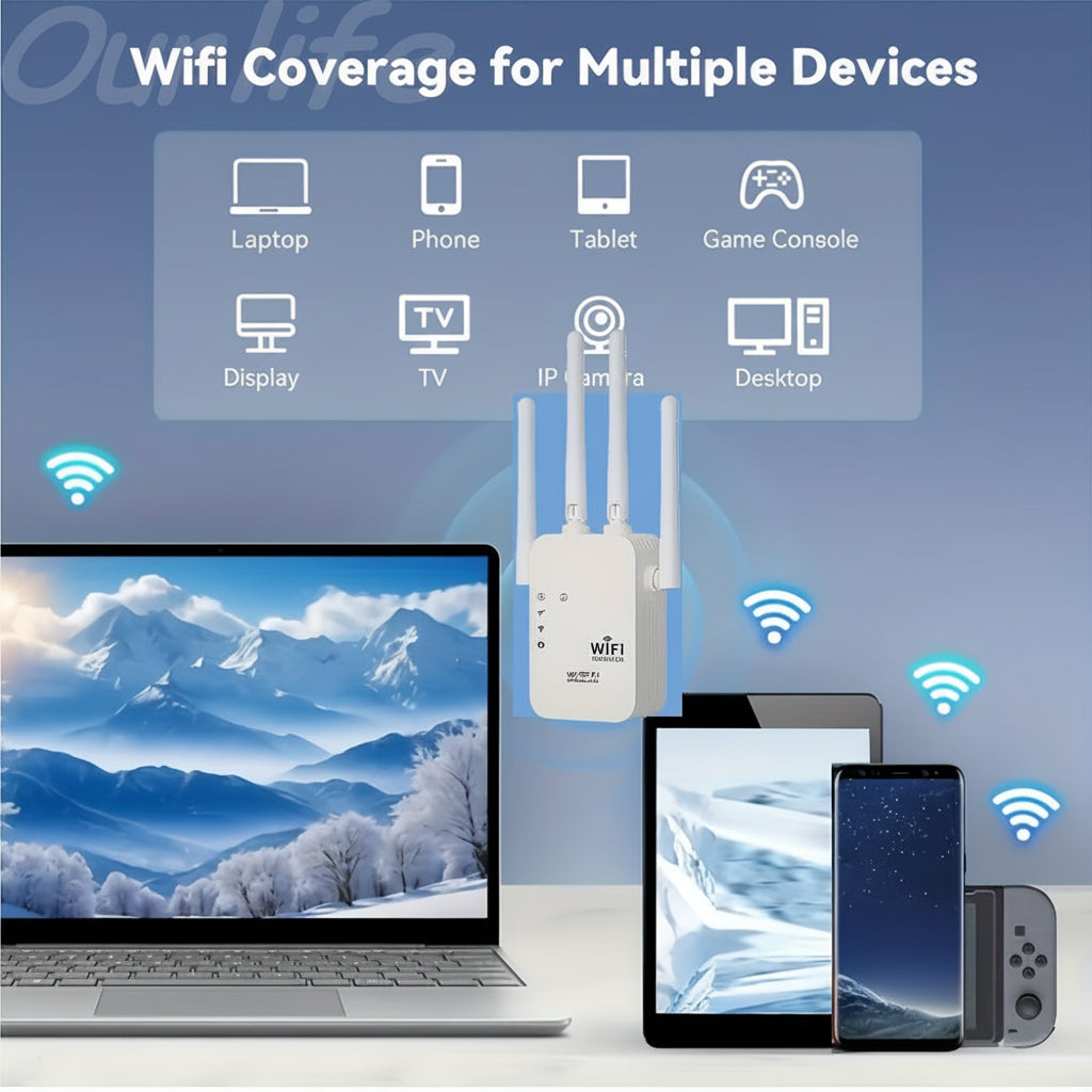 広範囲対応のWiFiエクステンダーで、より強力な家庭内カバレッジを実現