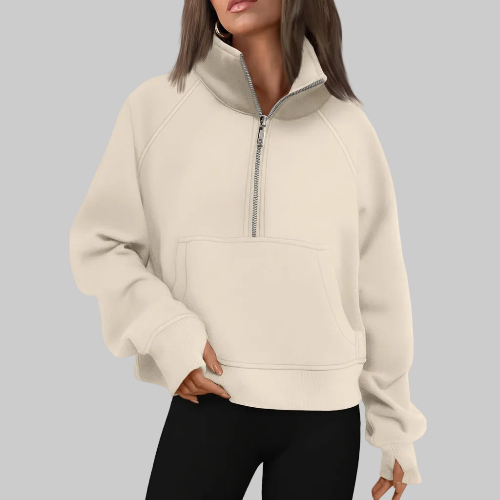 Dame Cropped Fleece Sweatshirt med Halv Lynlås til Hverdagsvarme