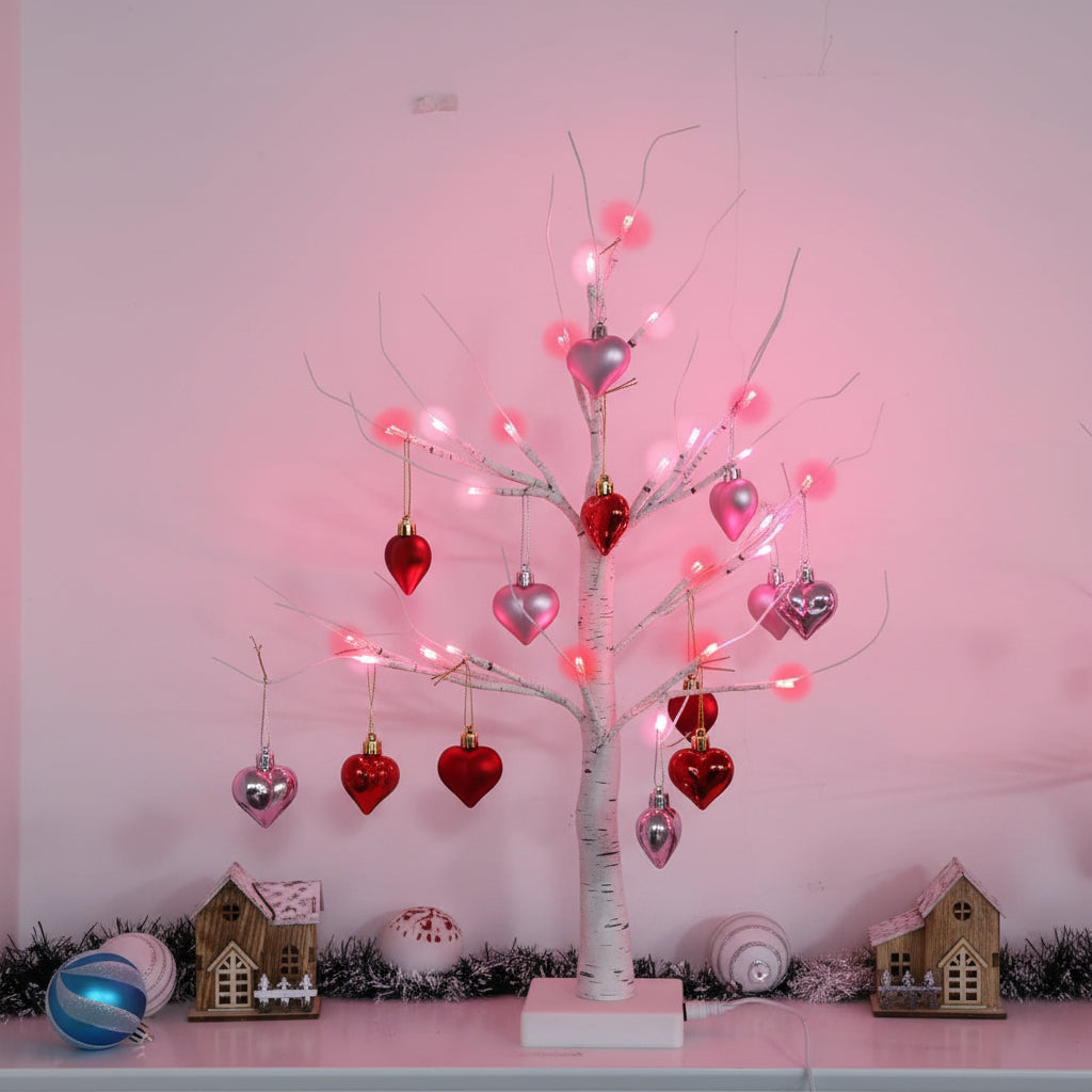 Bjørketre LED Bordlampe med Hjerteformet Lys til Valentinsdagsdekorasjon hjemme