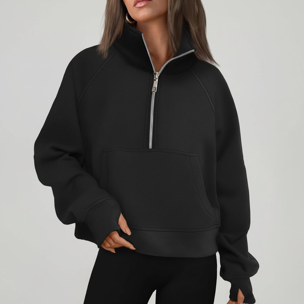 Dame Cropped Fleece Sweatshirt med Halv Lynlås til Hverdagsvarme