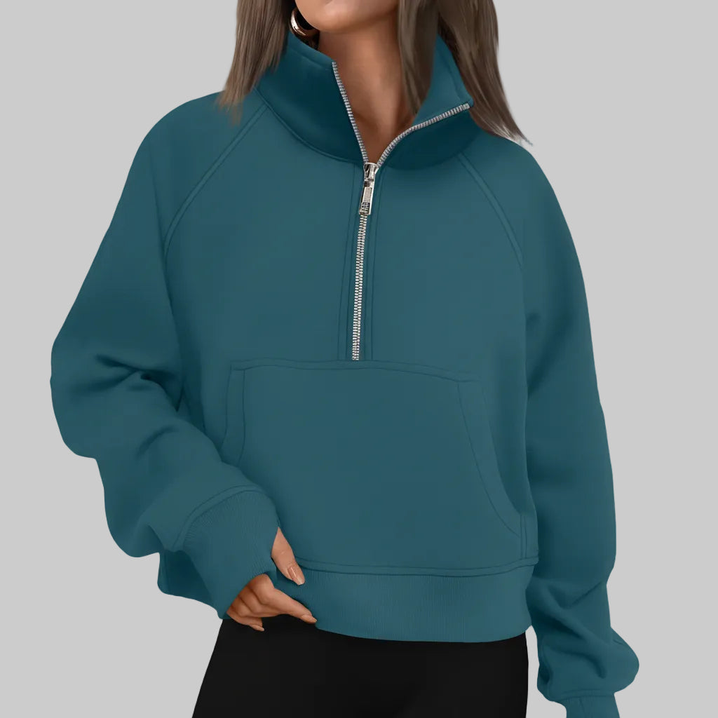 Dame Cropped Fleece Sweatshirt med Halv Lynlås til Hverdagsvarme
