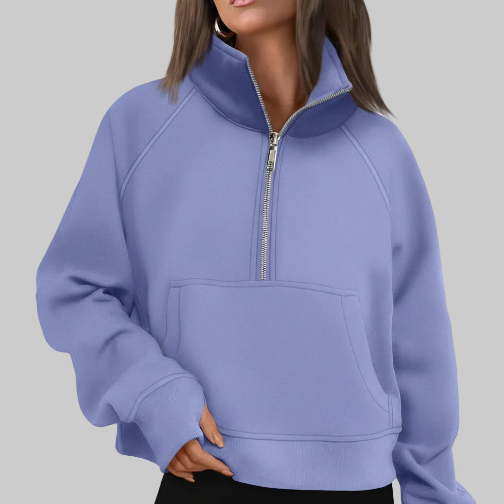 Dame Cropped Fleece Sweatshirt med Halv Lynlås til Hverdagsvarme