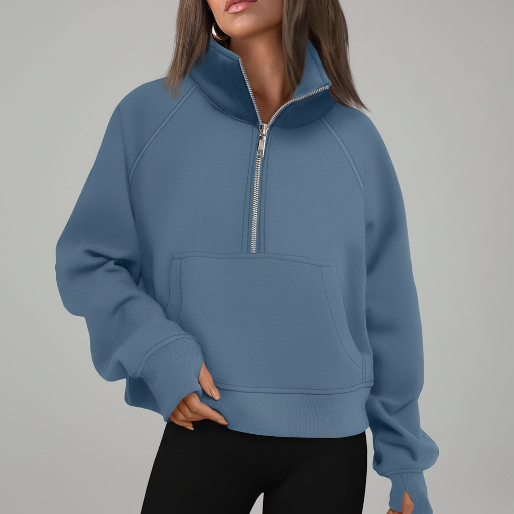 Dame Cropped Fleece Sweatshirt med Halv Lynlås til Hverdagsvarme