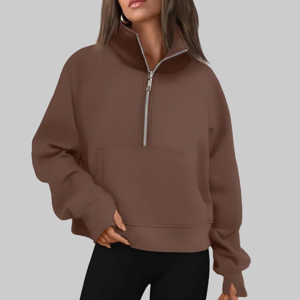 Dame Cropped Fleece Sweatshirt med Halv Lynlås til Hverdagsvarme