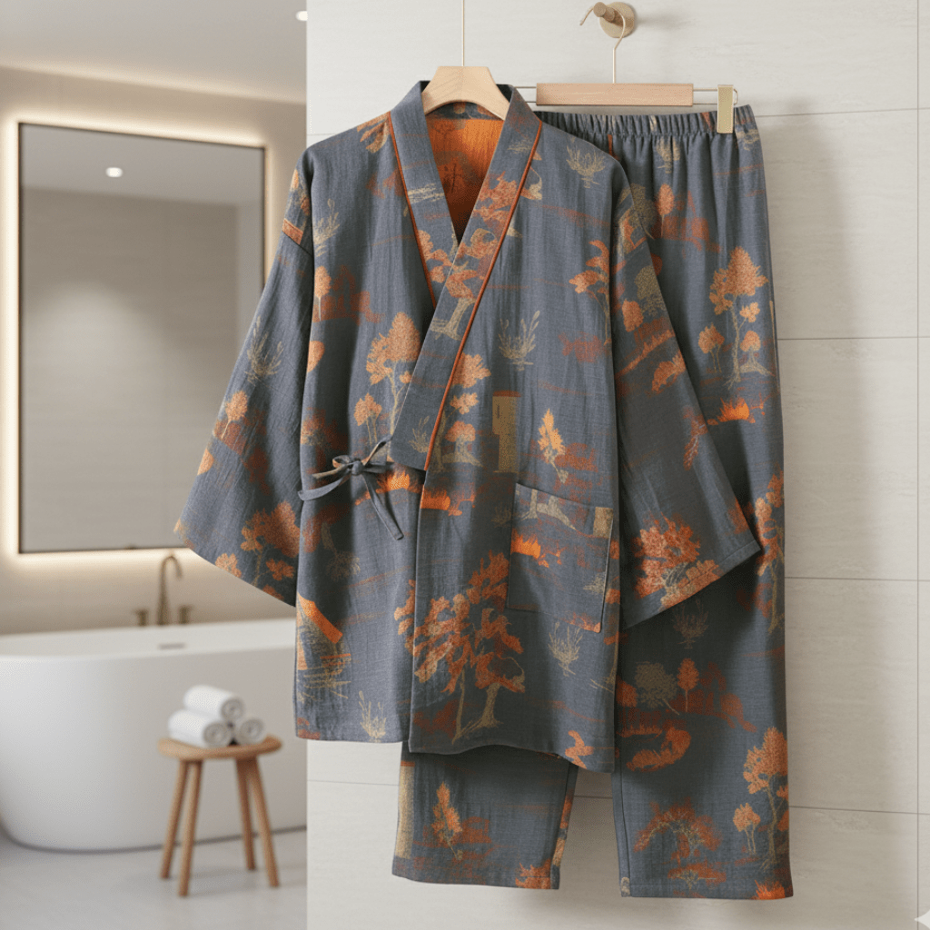 ArtLoom Künstlerisches Aquarell-Baumwoll-Kimono-Pyjama-Set für entspannten Komfort zu Hause