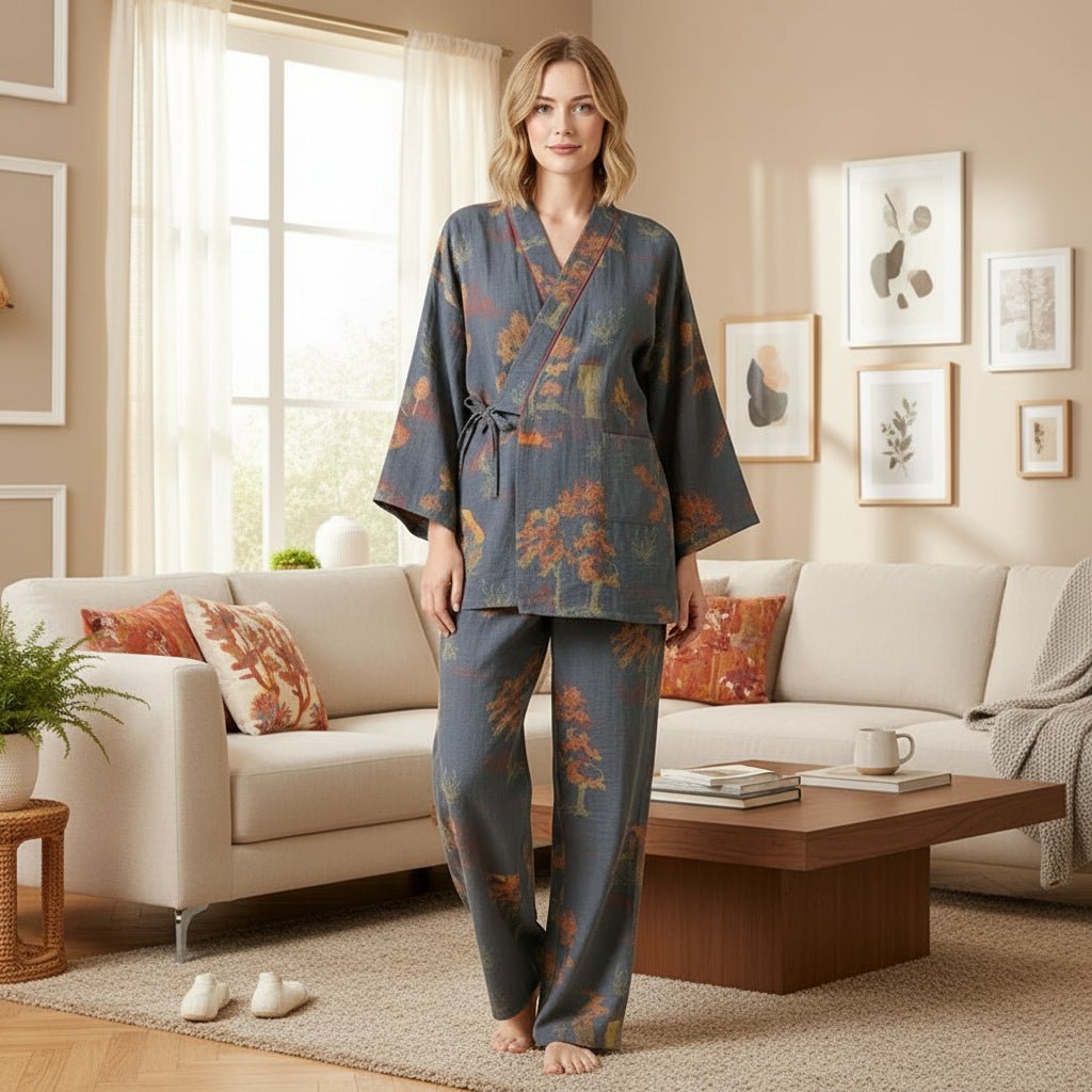 ArtLoom Künstlerisches Aquarell-Baumwoll-Kimono-Pyjama-Set für entspannten Komfort zu Hause