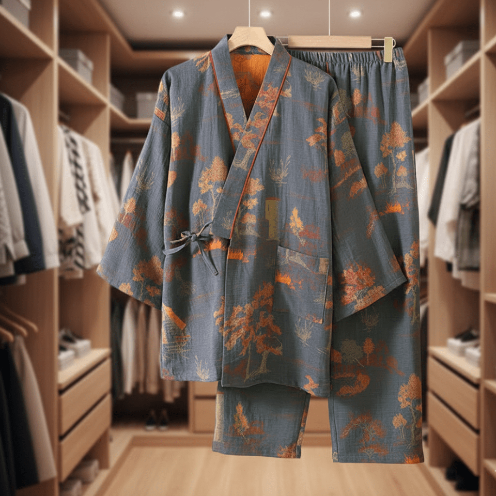 ArtLoom Künstlerisches Aquarell-Baumwoll-Kimono-Pyjama-Set für entspannten Komfort zu Hause