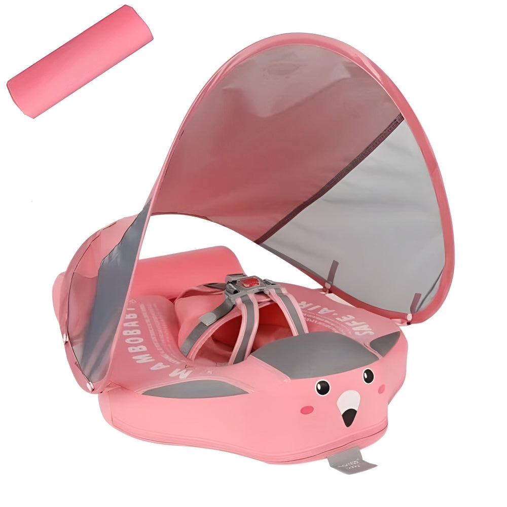 מצוף לבריכה לתינוק עם גגון לצל בזמן משחק עדין במים