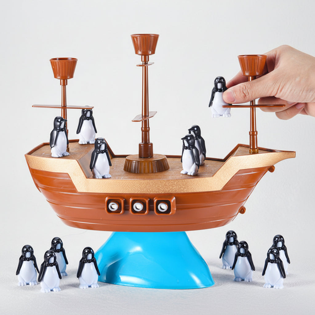 Pinguin-Stapel-Balance-Brettspiel für Kinder auf einem Piratenschiff